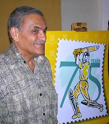 Former India captain Nari Contractor unveils the new logo to kick off the Platinum Jubilee celebrations of the historic first cricket Test match played in India