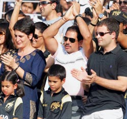 Priyanka Vadra (left), her husband Robert Vadra (centre) with their kids and Rahul Gandhi (right) at the Eden Gardens in Kolkata during the IPL match between the Kolkata Knight Riders and Deccan Chargers on Sunday