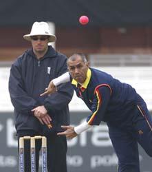 Min Patel bowls with the pink ball