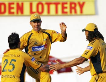 Australia captain Ricky Ponting (centre) celebrates with his team-mates
