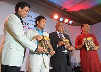 Harsha Bhogle, Sachin Tendulkar, Shekhar Gupta at the launch