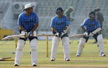 India's Virender Sehwag, Sachin Tendulkar and Rahul Dravid bat in Mumbai
