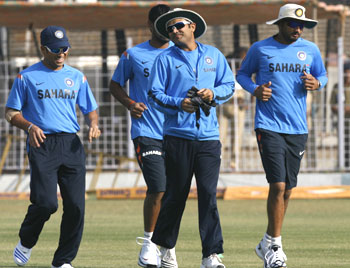 Team India in a practice session in Rajkot on Monday