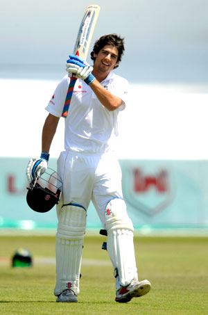 Alastair Cook celebrates after reaching his century during the second Test against South Africa in Durban