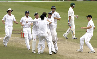 England team celebrates after winning the first Test