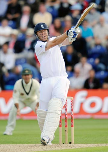 England's Andrew Flintoff hits a four during their first Ashes Test at Cardiff