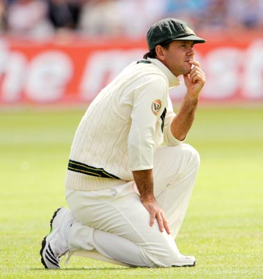 Australia's captain Ricky Ponting stares at the replay screen after a four during their first Ashes Test against England at Cardiff