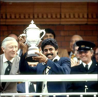 Kapil Dev holds aloft the 1983 World Cup trophy