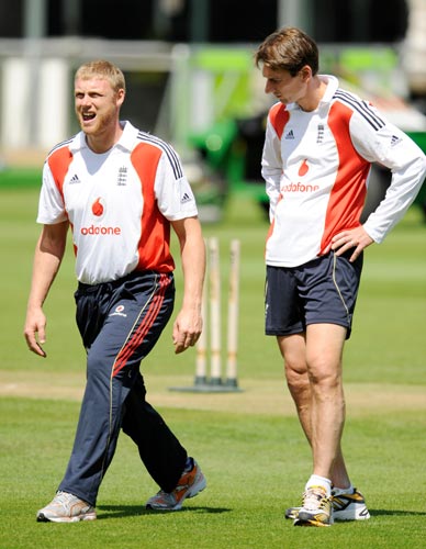 England's Andrew Flintoff (left) is tested by Dr Nick Peirce during a training session prior to the second Ashes test cricket match between England and Australia at Lord's