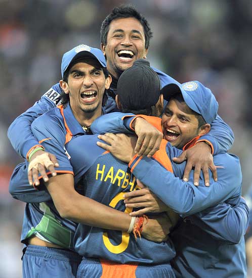 Indians celebrate the wicket of top Bangladesh scorer Junaid Siddique