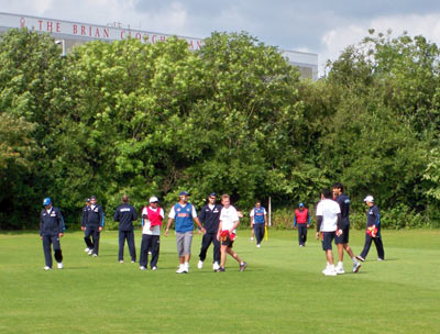 The Indian team warms up for practice with a game of football at the Lady Bay ground in Nottingham