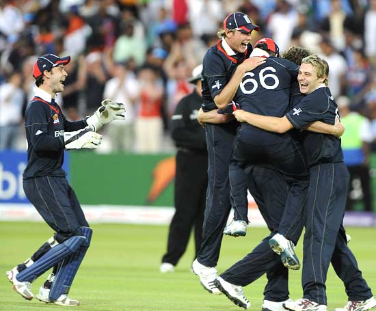 England players celebrate their win over India