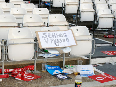 A sign board is left behind after the ICC World Twenty20 cricket super eight match between India and South Africa