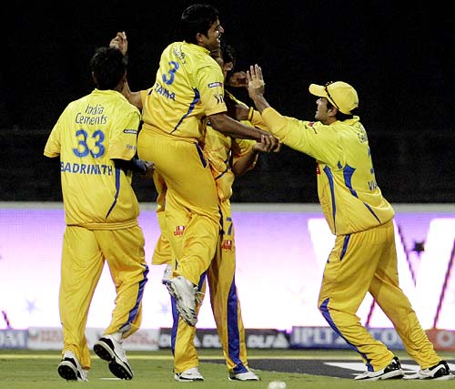 Chennai players celebrate a wicket