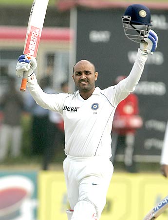 Virender Sehwag celebrates on reaching his century against Sri Lanka in Galle on July 31, 2008