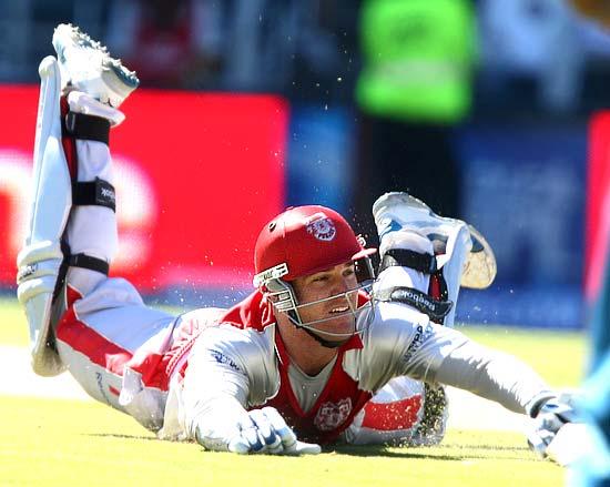 Luke Pomersbach of the Kings XI Punjab is run out by Herschelle Gibbs