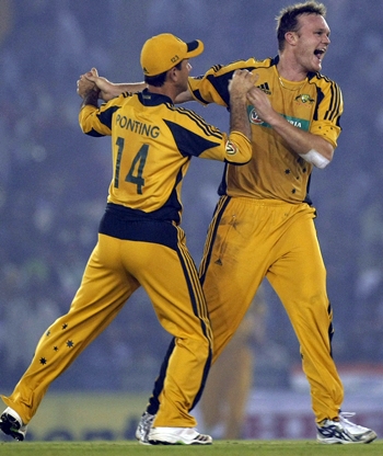 Doug Bollinger (right) celebrates a wicket with captain Ricky Ponting