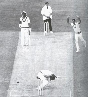 Mohinder Amarnath celebrates taking the wicket of Jeff Dujon