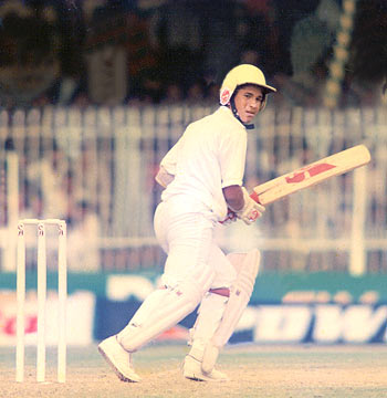 Sachin Tendulkar in action during his debut Test match against Pakistan at Karachi in November 1989