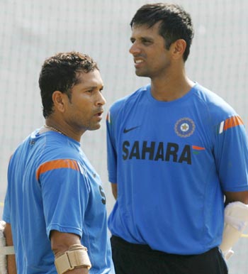 Sachin Tendulkar and Rahul Dravid attend a practice session in Ahmedabad