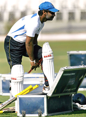 Sri Lankan skipper Kumar Sangakkara pads up before a practice session in Mumbai on Monday