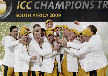 Team Australia celebrates winning ICC Champions Trophy final cricket match beating New Zealand in Pretoria