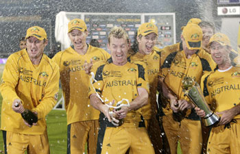 The Australian cricket team celebrates their victory
