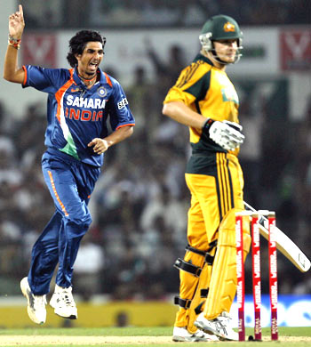 Ishant Sharma is ecstatic after taking the wicket of Shane Watson on Thursday