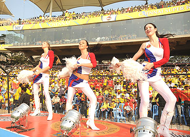 Cheerleaders do their jig during the match between the Chennai Super Kings and the Royal Challengers Bangalore