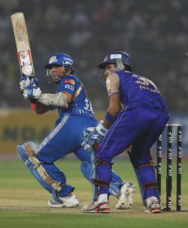 Sachin Tendulkar plays a sweep shot
