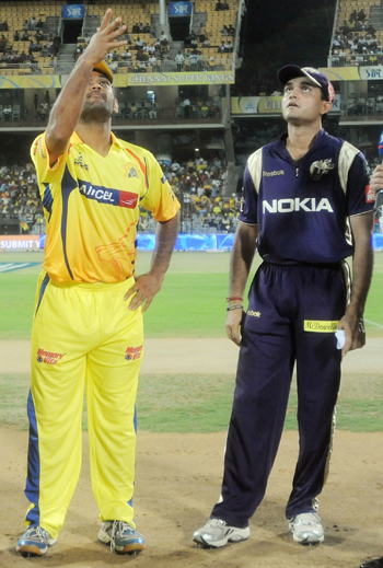 Mahendra Singh Dhoni captain of Chennai Super Kings (left) and Sourav Ganguly captain of Kolkata Knight Riders during the toss