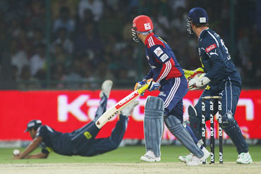Virender Sehwag is caught by Rohit Sharma