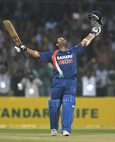 Sachin Tendulkar celebrates after his double century against South Africa in February