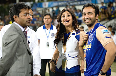 Lalit Modi (left) with Rajasthan Royals' co-owners Shilpa Shetty (centre) and Raj Kundra
