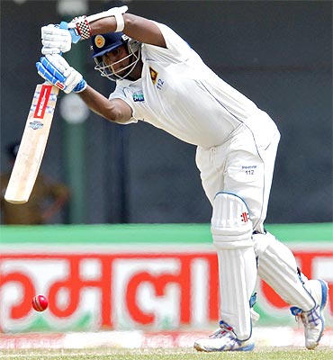 Sri Lanka's Angelo Mathews plays a shot during the second day of their third and final test cricket match against India in Colombo