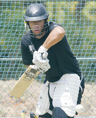 New Zealand captain Ross Taylor takes strike during a practice session in Dambulla on Thursday