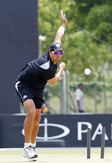 New Zealand's Daryl Tuffey bowls in the nets during a practice session in Dambulla on Thursday