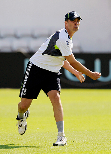 England's Jonathan Trott goes through the grind during a training session