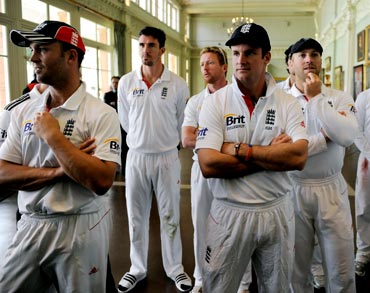 England's captain Andrew Strauss and his team mates wait in the Long Room for the presentations at Lord's