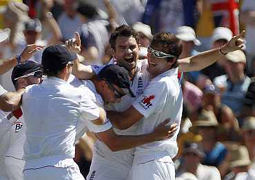 James Anderson celebrates after picking up a wicket during the second Ashes Test in Adelaide