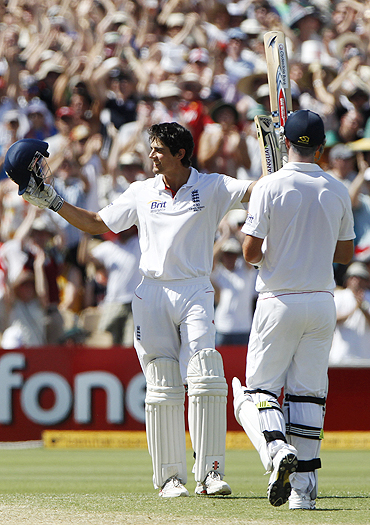 Alistair Cook acknowledges the crowd after scoring a century on Saturday