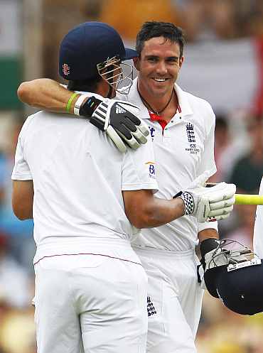 Kevin Pietersen reacts after making a century during the second Ashes Test in Adelaide