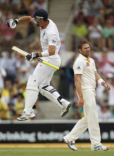 Kevin Pietersen jumps after making his double century duing the second Ashes in Adelaide