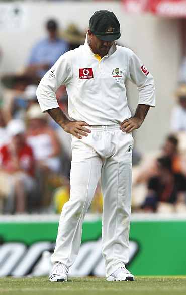 Ricky Ponting reacts during the second Ashes Test in Adelaide