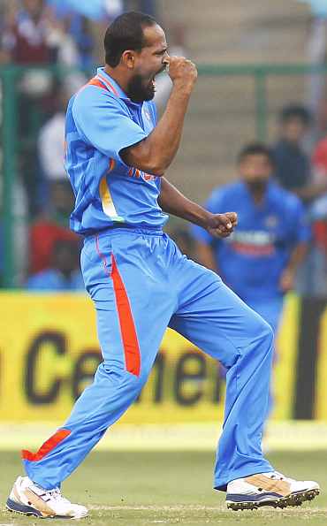 Yusuf Pathan reacts after picking up a wicket