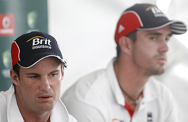 England's Andrew Strauss and Kevin Pietersen at a news conference after second Ashes Test in Adelaide