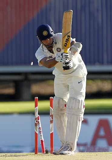 India's VVS Laxman is clean bowled during the first Test match against South Africa at Centurion
