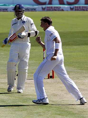 South Africa's Dale Steyn celebrates after picking up India's Virender Sehwag