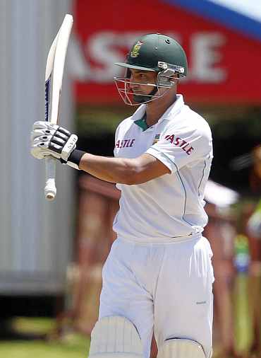 South Africa's Alviro Petersen celebrates his half century during the first Test against India