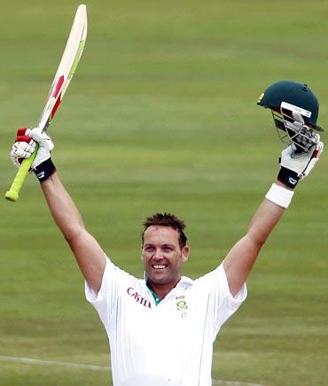 Jacques Kallis celebrates scoring his double century